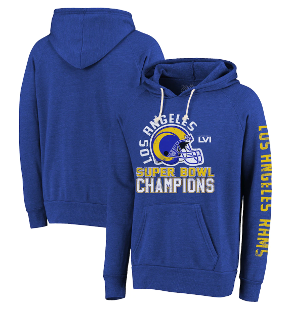 Men's Los Angeles Rams 2022 Royal Super Bowl LVI Champions Hard Count Pullover Hoodie Men's Los Angeles Rams 2022 Royal Super Bowl LVI Champions Hard Count Pullover Hoodie